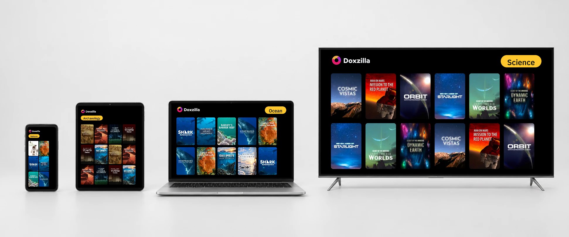 The Doxzilla app on a phone, tablet, laptop and TV