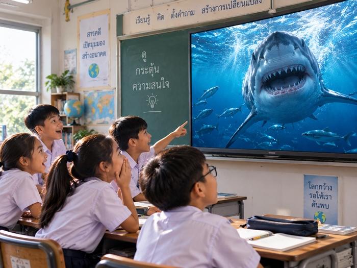 เด็กนักเรียนนั่งดูสารคดีบนจอใหญ่หน้าห้อง มีเด็กคนหนึ่งยกมือชี้ไปที่จอ