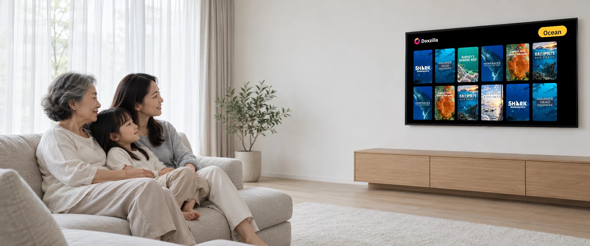 Three generations of a family watching a documentary together on a large TV in the living room